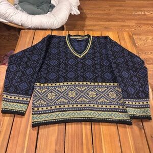 Blue and Yellow Patterned Norwegian Wool V-Neck Sweater
